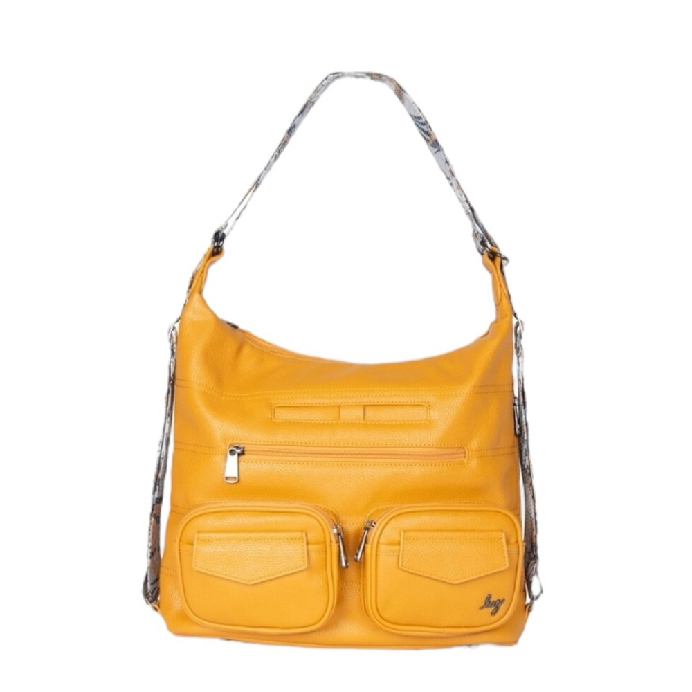 Lug Zipliner yellow and gray Vegan Leather Convertible Hobo bag tote